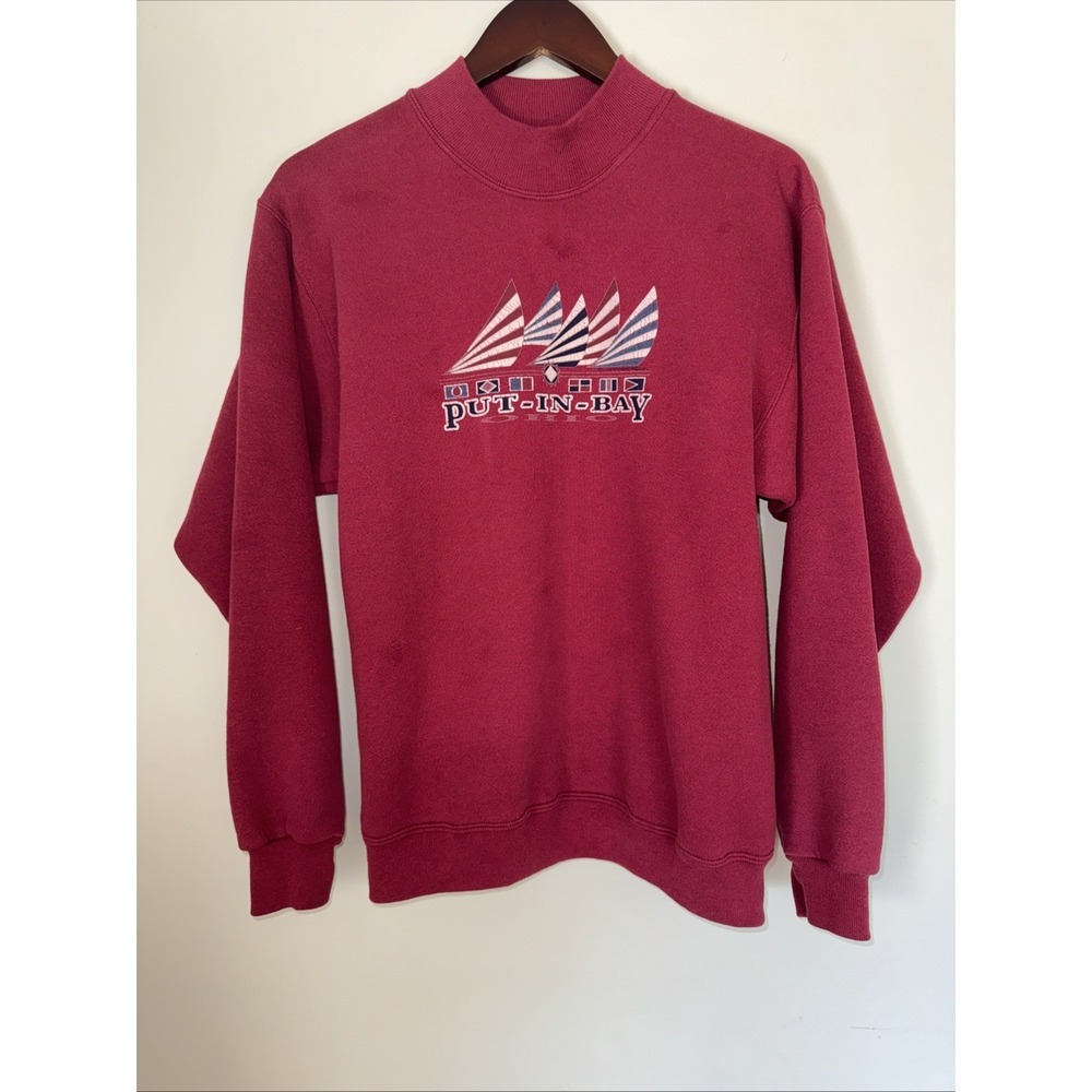 Vtg Put In Bay Ohio Sweatshirt‎ Medium Burgundy Sailing Sail Boats Crewneck USA